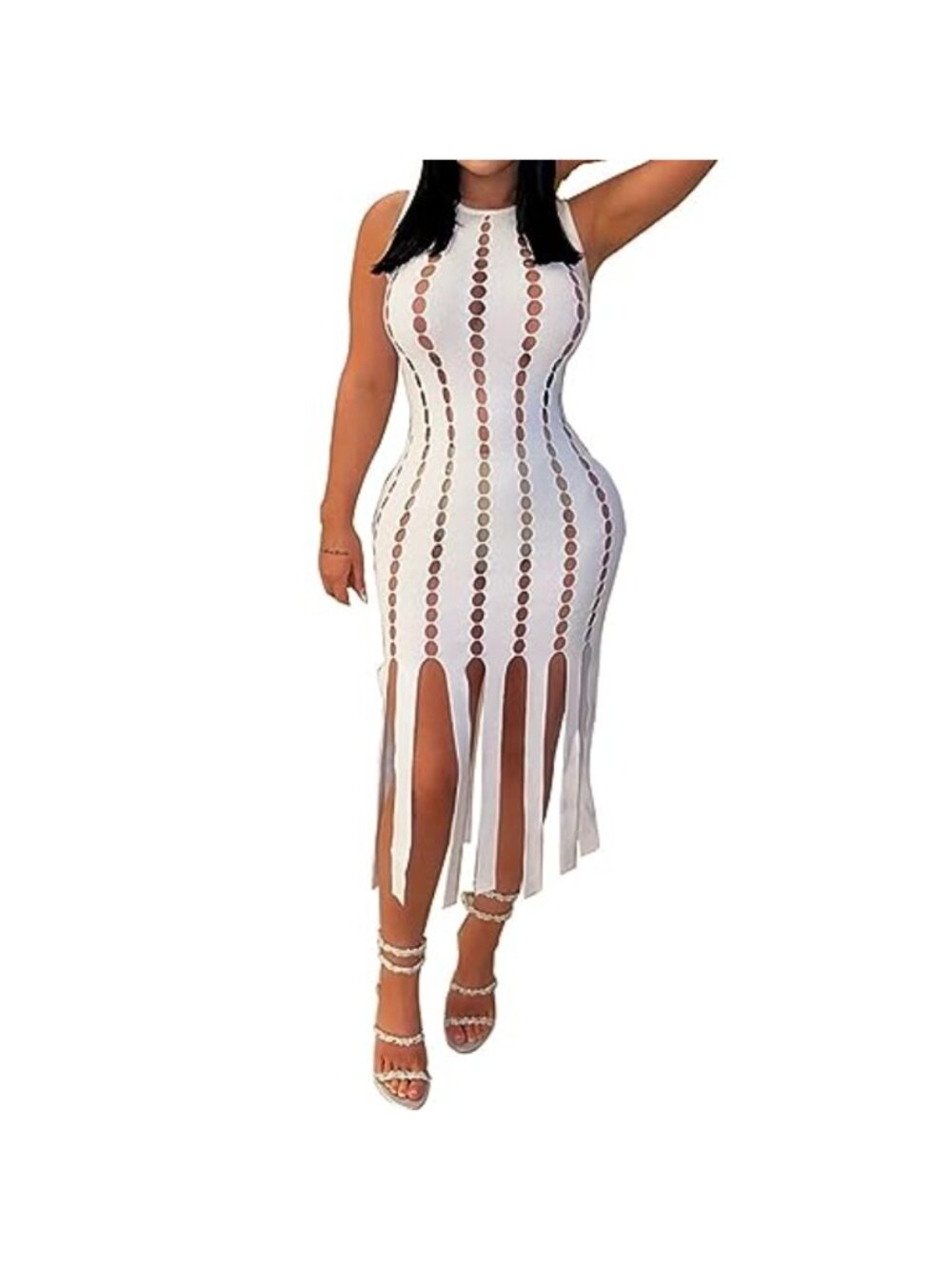 Women's Sleeveless Hollow Out Bodycon Midi Dress with Fringe